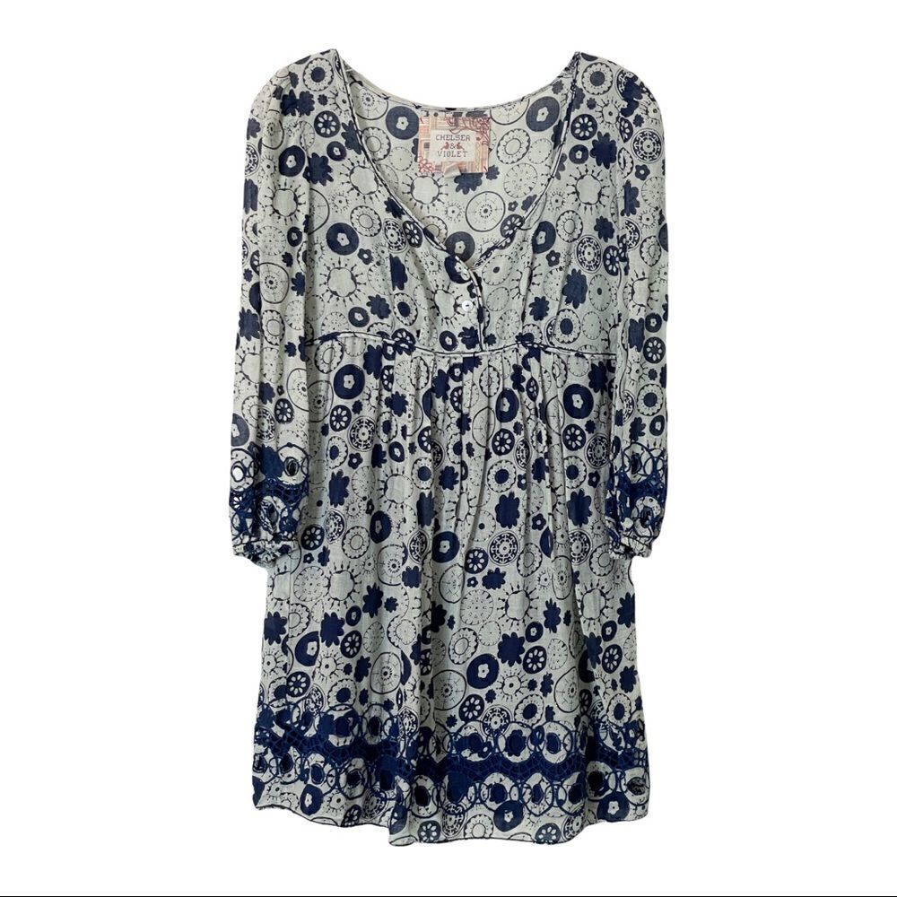 Chelsea & Violet Blue Floral Boho Crochet Empire Waist Liberty Cotton Dress S
